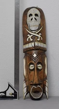Hand-Carved Tiki Mask Pirate Skull Crossbones Polynesian Wall Art 18.5" Tall