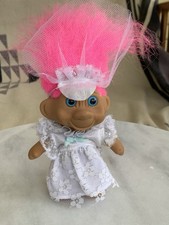 Dam Troll Bride Doll 1991 Vintage Bright Pink Hair White Lace Dress  Veil