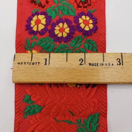 Red And Yellow Floral Antique Czech Silk Ribbon 2 ½” Wide 2 ½ Yards - Picture 4 of 4