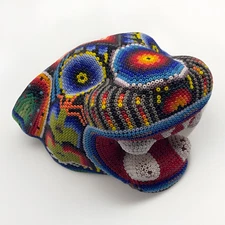 Huichol Beaded Jaguar Head Signed Mexican Folk Art Handmade Large Panther Cat