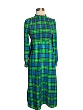 KITRI Plaid Maxi Dress US 4 Green Blue Smocked Ribbed Ruffle Long Sleeve