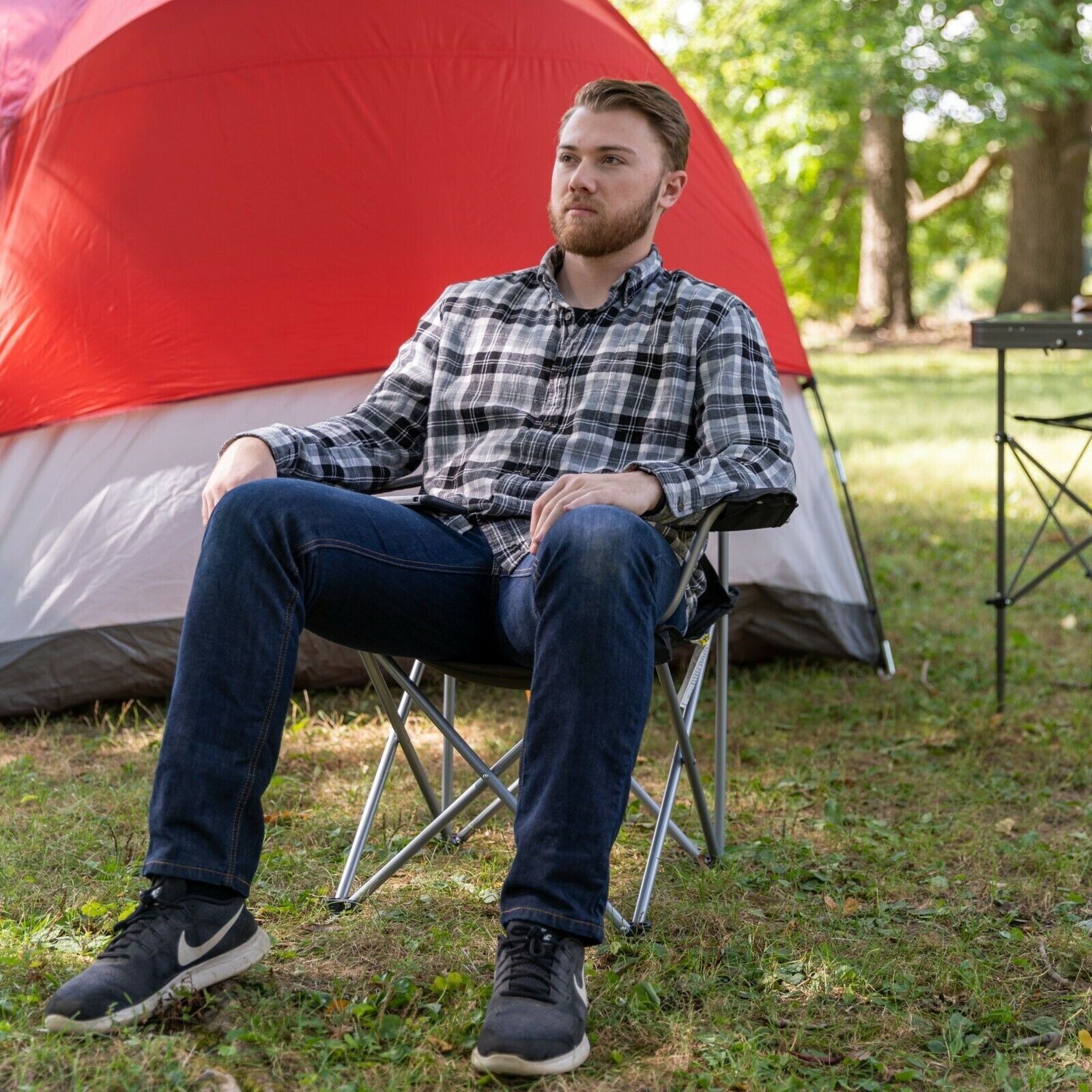 Ozark Trail Basic Quad Folding Outdoor Camp Chair with Cup Holder, Blue Outdoor