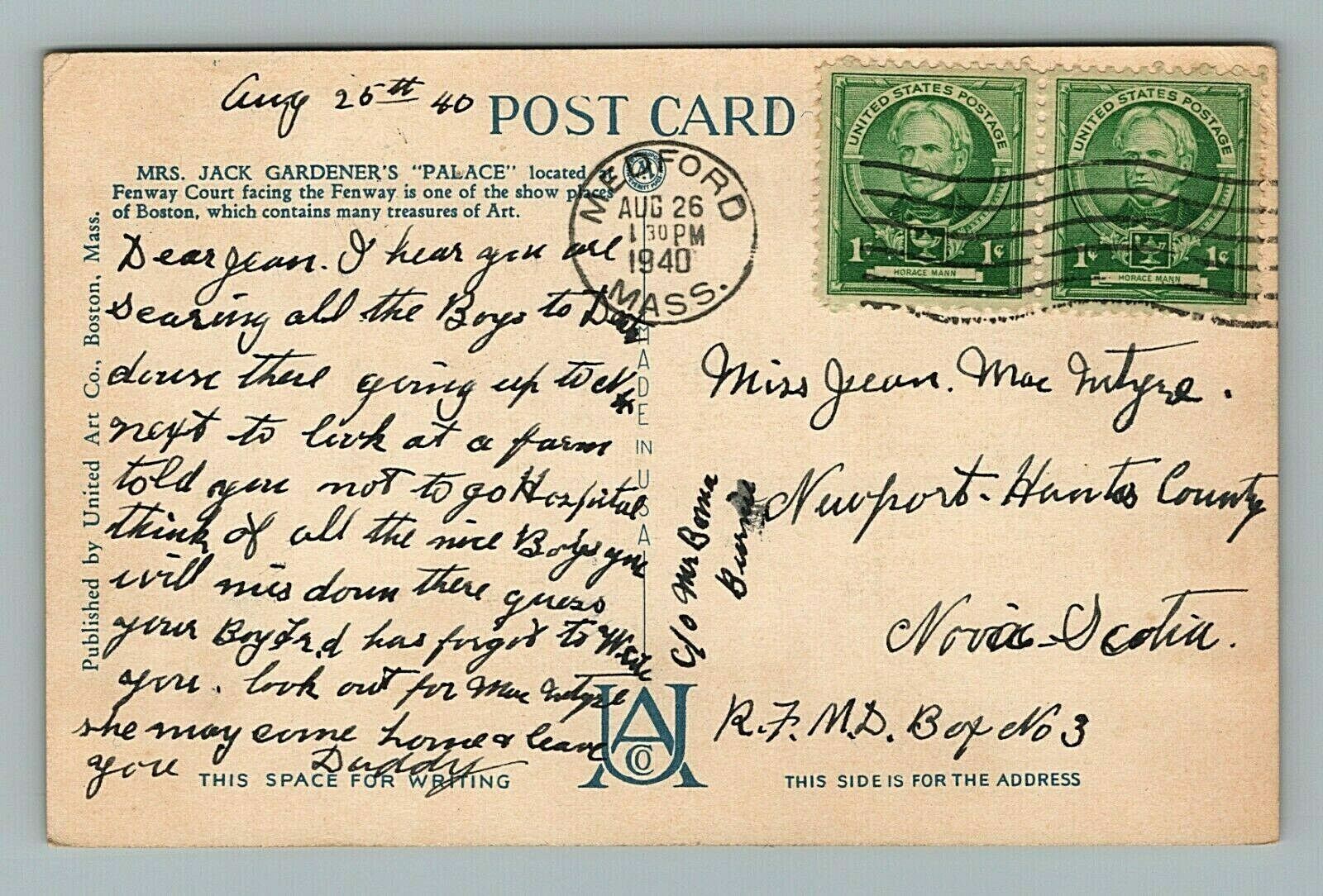 Gardner Museum Palace Horace Mann Stamp Boston Massachusetts Postcard