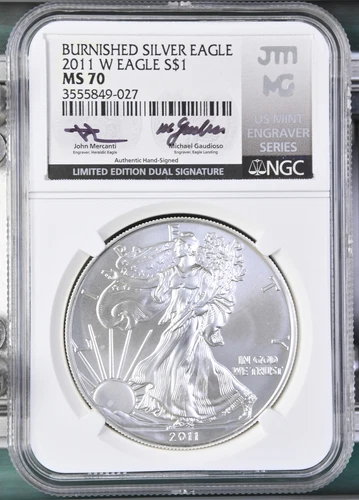 2011 W EAGLE NGC BURNISHED SILVER EAGLE S$1 MS70 LIMITED DUAL SIGNATURE