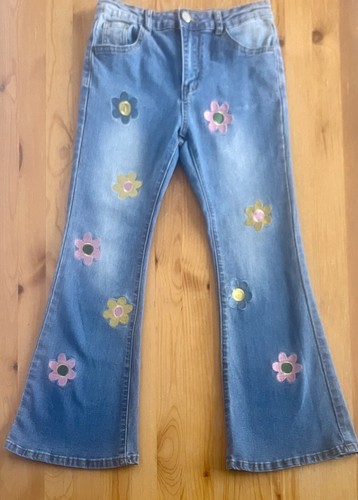 SHEIN Youth Girls 12y Blue Denim Flare Light Wash Daisies Retro Adjustable Waist - Picture 5 of 24