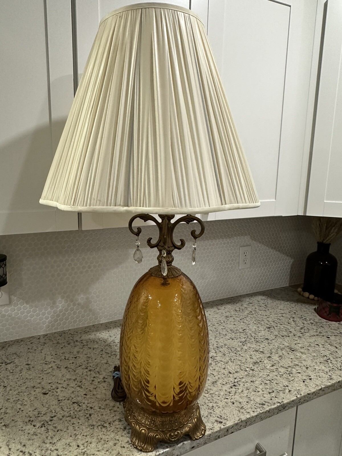 1970s Vintage Amber Glass Table Lamp Mid-Century Modern  