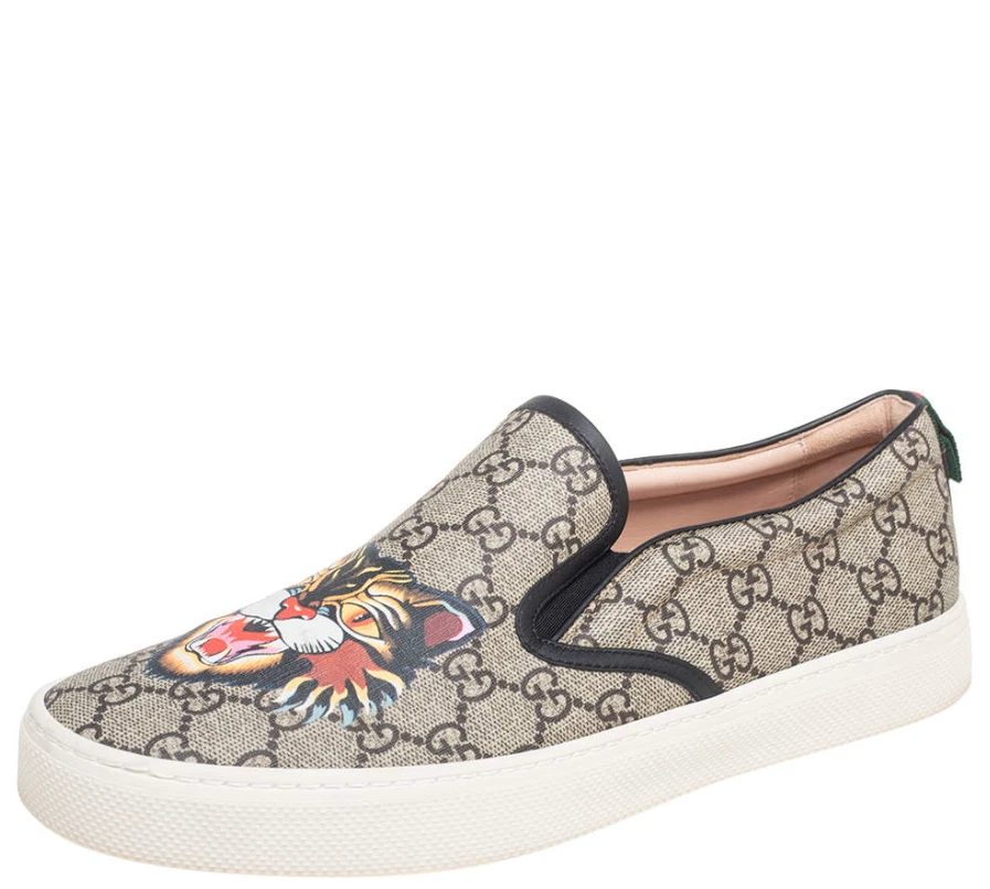Baskets Gucci GG Supreme Angry Cat à enfiler toile cuir noir beige pointure 8,5