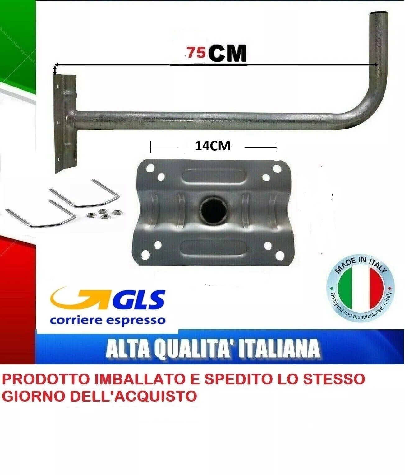 Supporto Palo Parabola 80cm Staffa Muro L Maxi con Supporti Inclusi