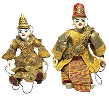 2 Vtg ORNATE Handmade Thai Burmese Balinese String Marionette Puppets 15" & 14"