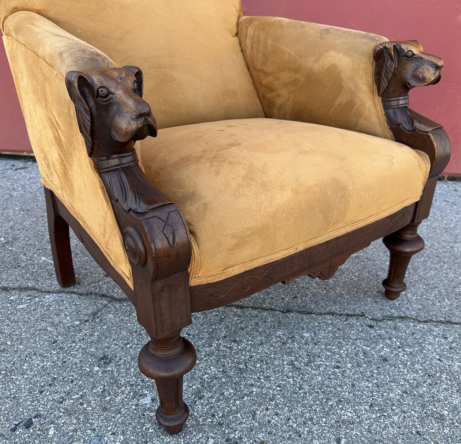 American Victorian Era Eastlake Carved Dog Head Upholstered Arm Chair w
