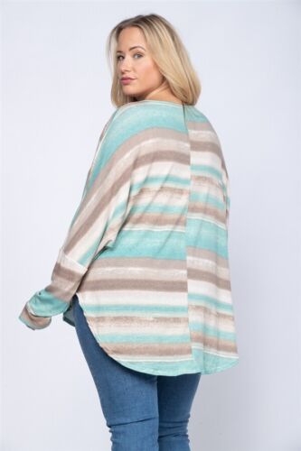 Womens Plus Size Green Stripe Top 3XL Dolman Sleeve V Neck - Picture 2 of 2