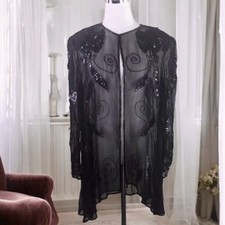Vtg Robert Anthony Silk Blouse Size XL Sheer Black Sequin Beaded Cocktail Party