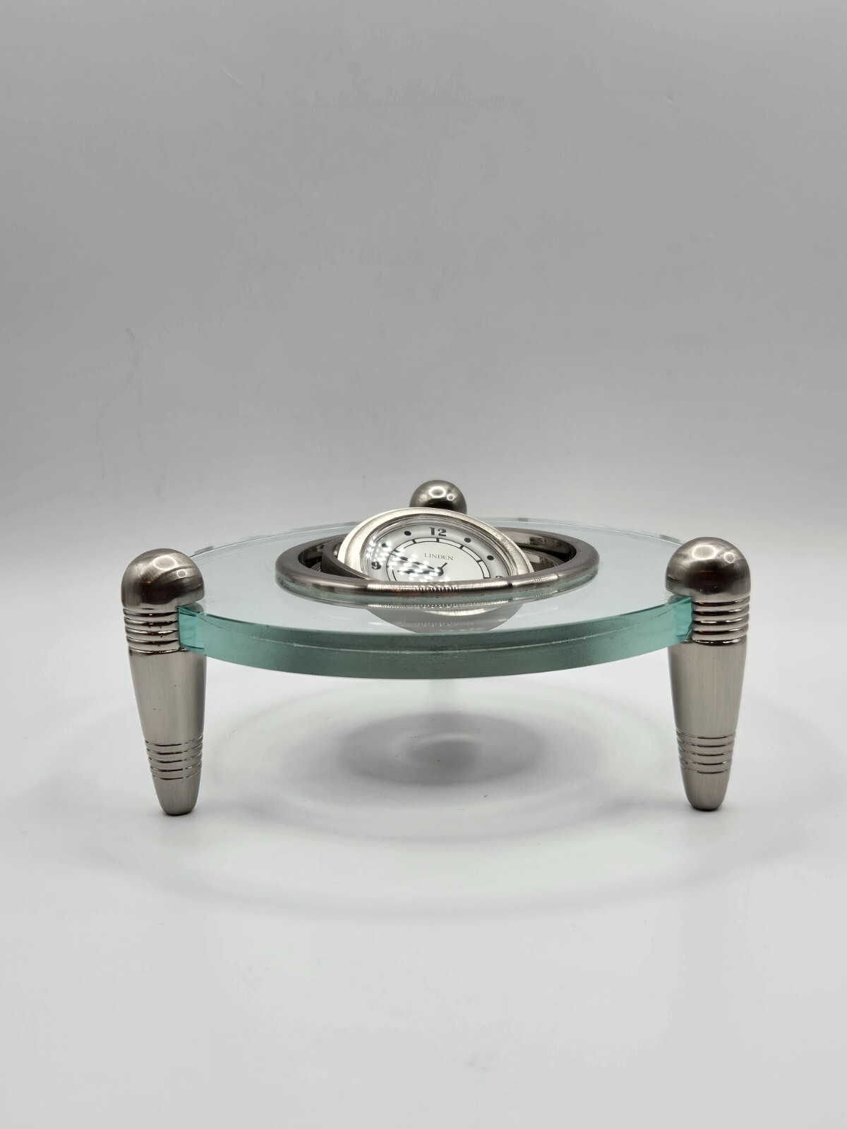 MCM Gyroscopic Linden Desk/Table Clock Footed Glass Base • Brushed Nickel 5.5"W
