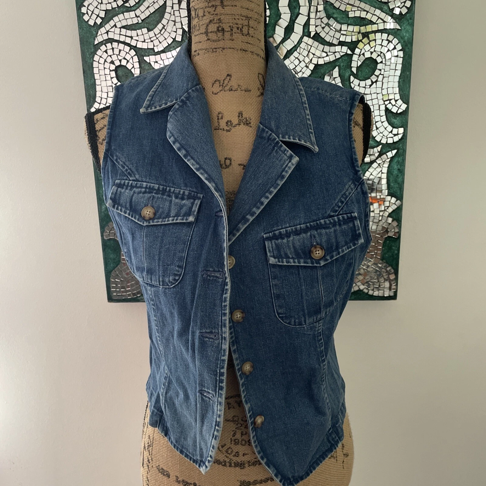 Talbots womens denim vest sleeveless jean jacket button front Sz S.