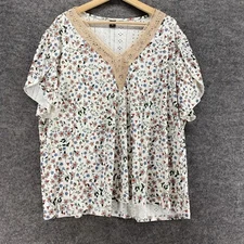 Shein Blouse Women 3XL White Floral V-Neck Short Sleeve Pullover Curve Casual