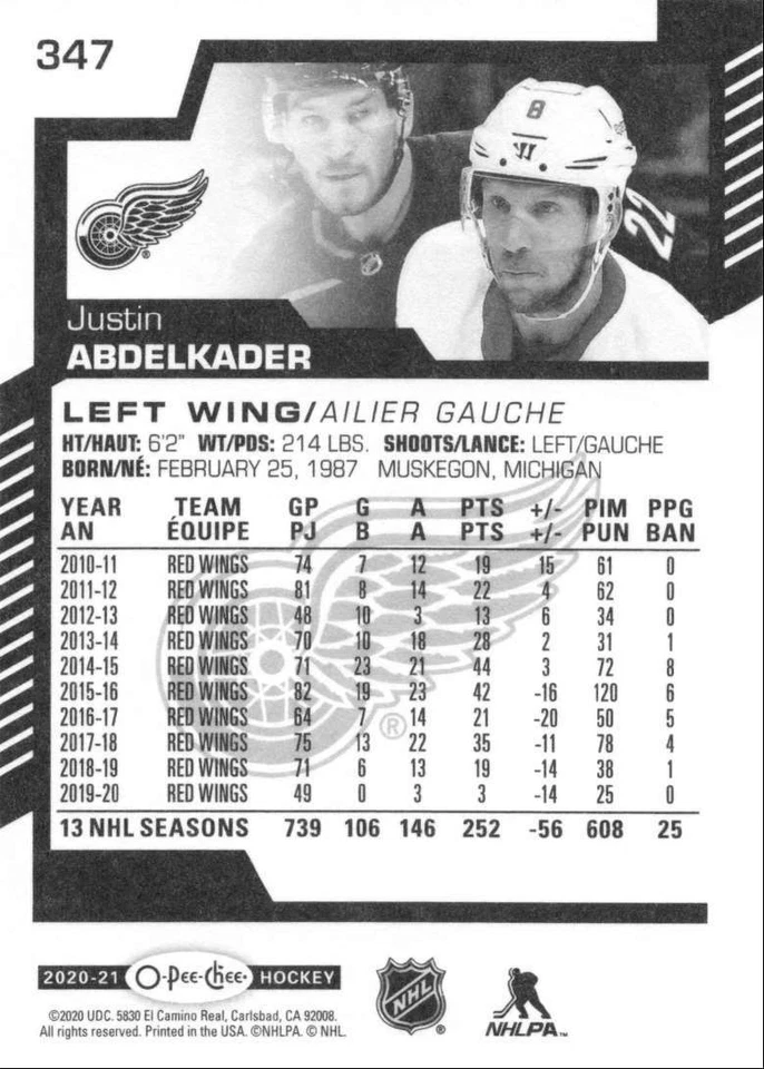 2020-21 O-Pee-Chee Justin Abdelkader Detroit Red Wings #347 - Image 2 of 2
