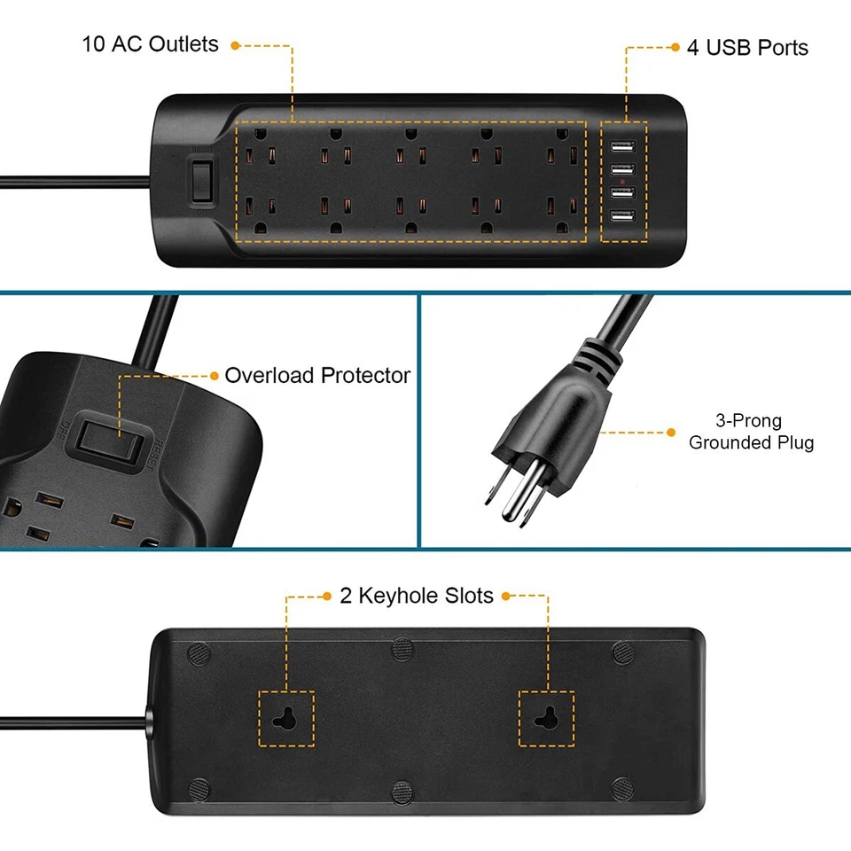 10 Outlet Surge Protector Power Strip with 4 USB Charging Port Black - Image 4 of 4