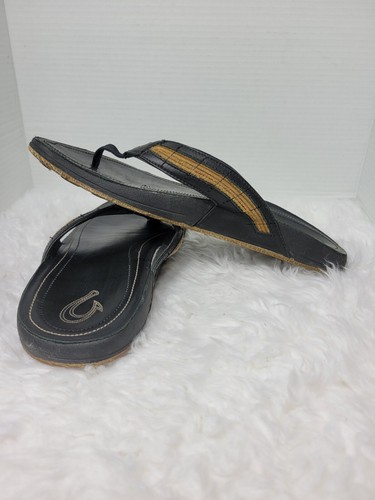 Olukai Kukui Men's Sandals Size 13 Black Leather Flip Flops Thongs Shoes - Picture 6 of 9