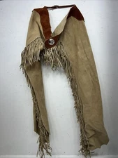 NOS Brown Show Chaps With Fringe Adjustable Waist 32” I-73