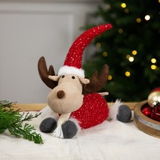 Northlight Laying Plush Moose Christmas Figure - 12" - Red and White