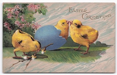 Vintage 1911 Embossed Easter Postcard Chicks Hatching Blue Egg Pussy Willow