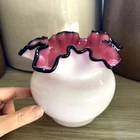 VTG Fenton Glass Pink White Cased Black Crest Ruffled Rose Bowl Vase 5" 1950s