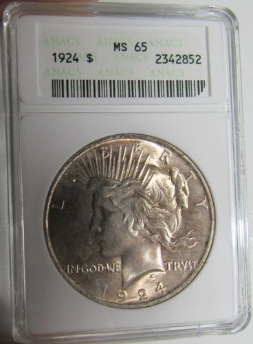 1924 $1 Peace Silver Dollar , ANACS MS 65 , Old Soapbox Holder, Sharp Detail!