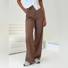 Princess Polly Kylia Pants NWT Brown High Waisted Wide Leg Pleated Trouser SZ 4