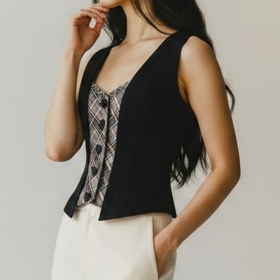 Bebe Black Plaid Button Front Fitted Vest Top Women's Size XXS