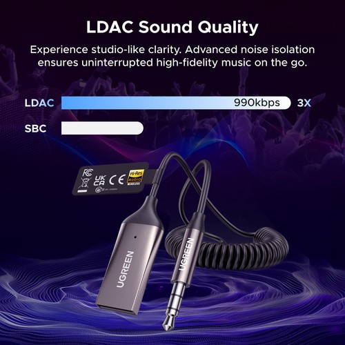 UGREEN Aux to Bluetooth 6.0 Car Adapter with LDAC, 3.5mm Adapter... - Afbeelding 2 van 8