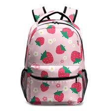 Pink Strawberry Floral Backpack Girls Cute Lightweight Kids School Bookbag