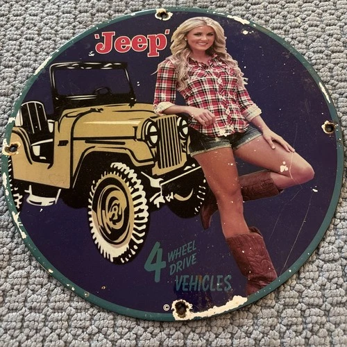 VINTAGE ‘JEEP’ 4 WHEEL DRIVE VEHICLE 12” PORCELAIN DEALER SIGN