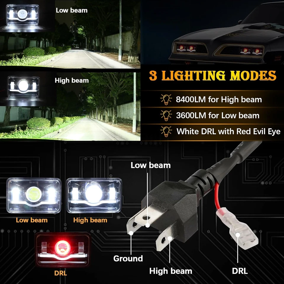 4PCS Fit Chevrolet El Camino 1982 1983 1984 1985 1986 1987 4x6" LED Headlights - Image 3 of 4