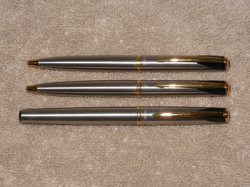 PARKER INFLECTION SET ~ STAINLESS/GOLD ~ ROLLER, BALLPOINT, PENCIL ~ NEW REFILLS