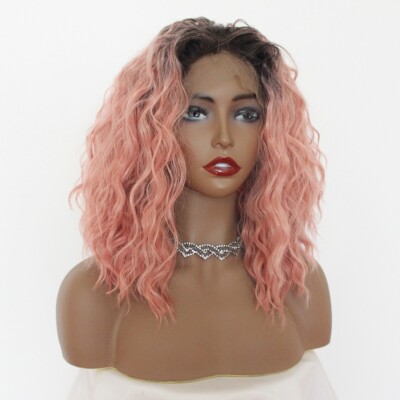 Ombre Pink Curly WavyLace Front Wig Amazon.com : X-TRESS Pink HD Lace Front Wig Ombre Black wig  main image 2