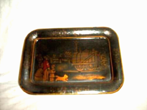 1890s AMERICANA TRAIN TOLE TRAY BRASS CANDLE SNUFFER STENCILED CRACKLED ANTIQUE - Picture 2 of 4