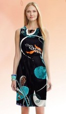 Elie Tahari Bethany Jersey Navy Floral Tie Waist Sleeveless Shift Dress S L $358