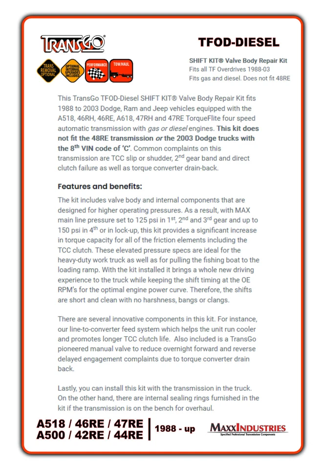 Kit de cambio de rendimiento Transgo SK TFOD-DIESEL Dodge Ram Truck 46RE 47RE con placa Foto 2 de 4