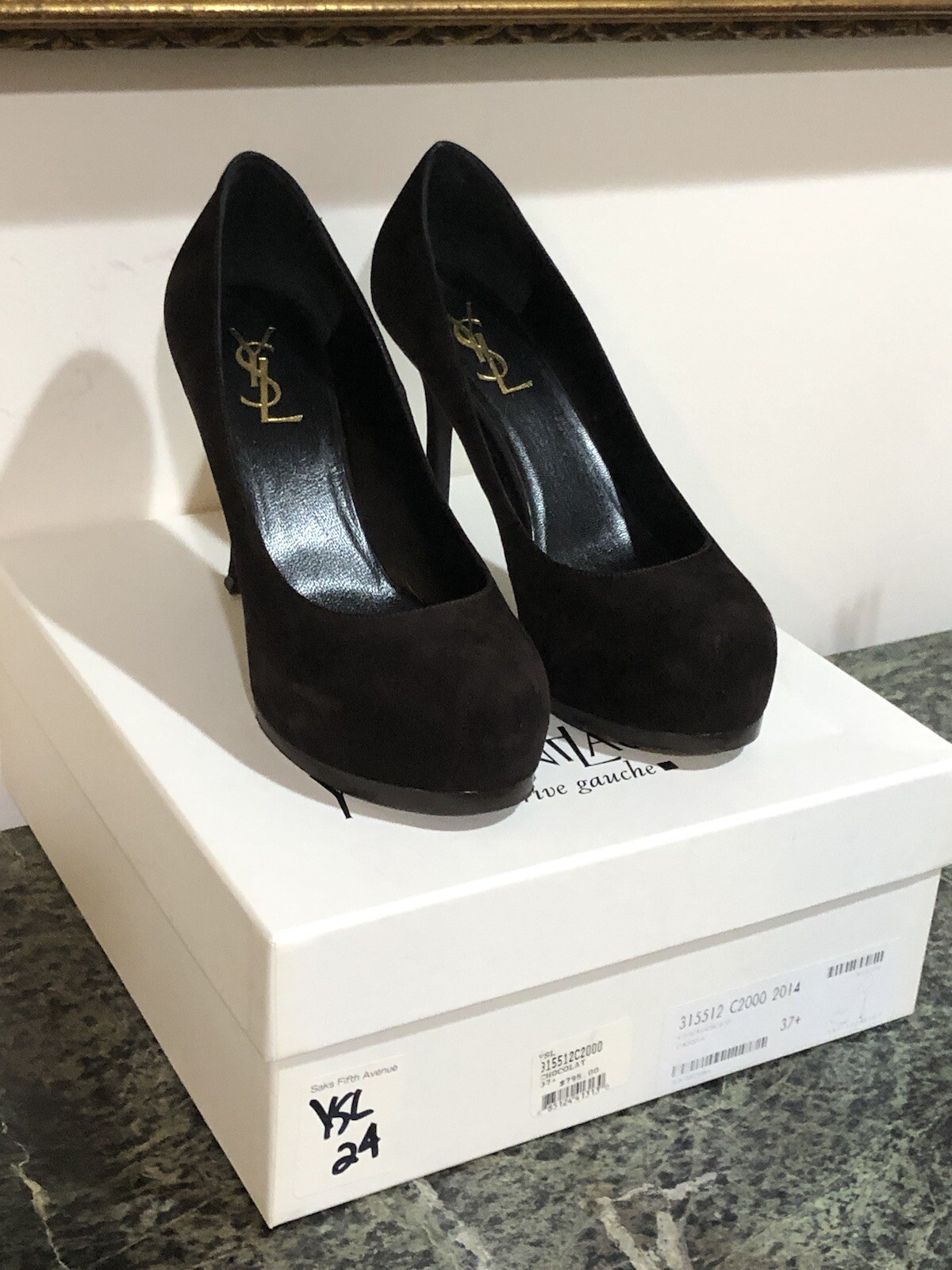 Scarpe decolte Saint Laurent Tribute 2 marrone cioccolato scamosciato plateau 80 mm taglia 37 5