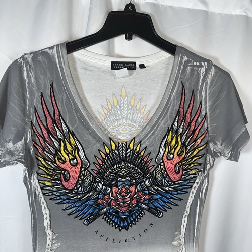 Black Label Affliction Tribal Multicolor Rhinestone Graphic V-neck Woman Top M - Picture 3 of 10