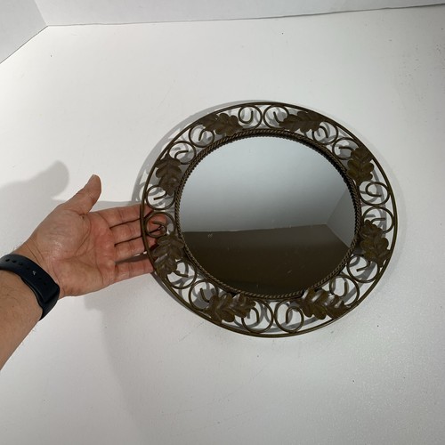 Small Round Accent Mirror Metal Floral Leaves Wall Hanging Dark Olive Green - Picture 2 of 16