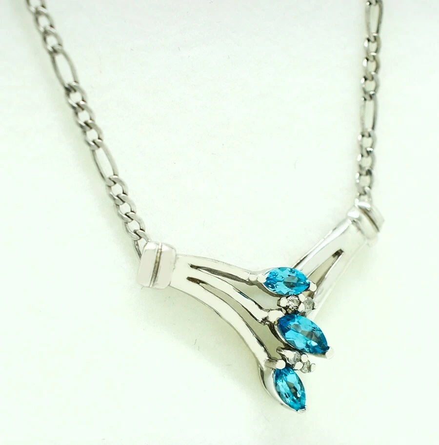 GENUINE 0.42 Cts BLUE TOPAZ & DIAMOND NECKLACE 10k WHITE GOLD * Free Shipping  - Image 3 of 3