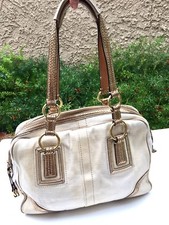 SALE COACH Gold Snake Print Leather Beige Canvas Large Zipper Shoulder Hand Bag