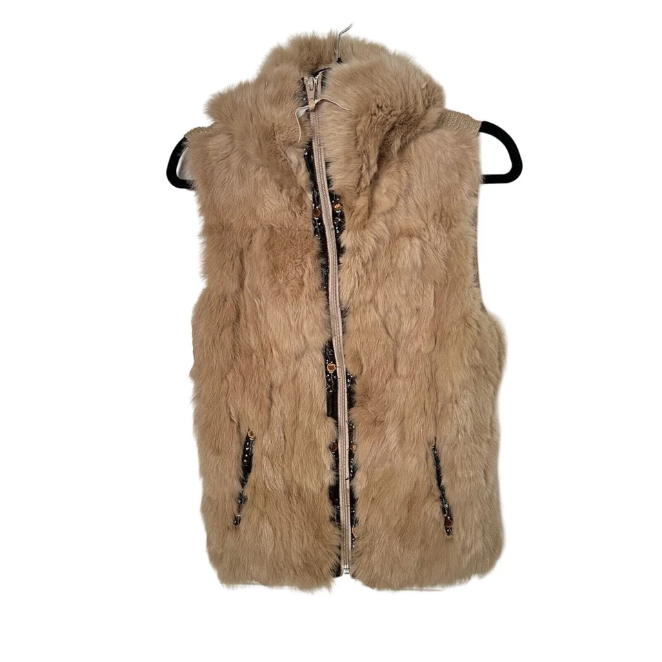 Chaleco de piel Colebrook Y2K conejo tejido cremallera suéter para mujer tostado talla mediana Foto 3 de 4