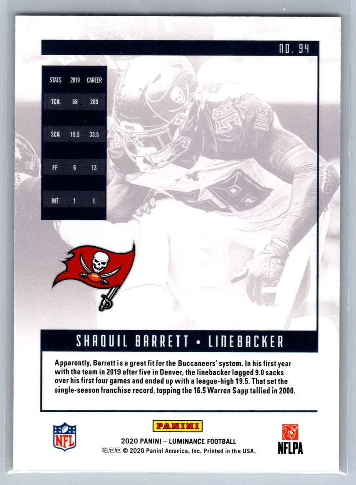 2020 Panini Luminance Shaquil Barrett #94 SN/299 - Image 2 of 2