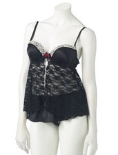 Apt. 9 Womens Lace Babydoll Chemise and Skirted G-String Thong Set, Large, Black