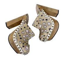 Miu Miu Daisy Floral Platform Clogs Wood Heel Satin Studded Mules Size EU 37.5