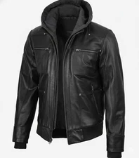 Men's Real Leather Black Bomber Jacket with Removable Hood