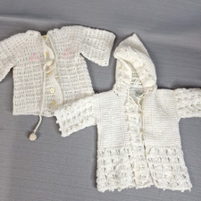 Lot of 2 Handmade Baby Girl Sweater White Knit Crocheted Vtg Made in Korea 6M