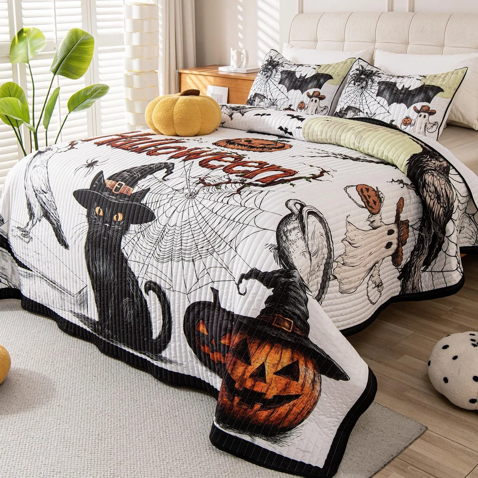 Juego de colcha de edredón de Halloween, 3 piezas tamaño queen Halloween murciélago gato negro... Foto 3 de 4